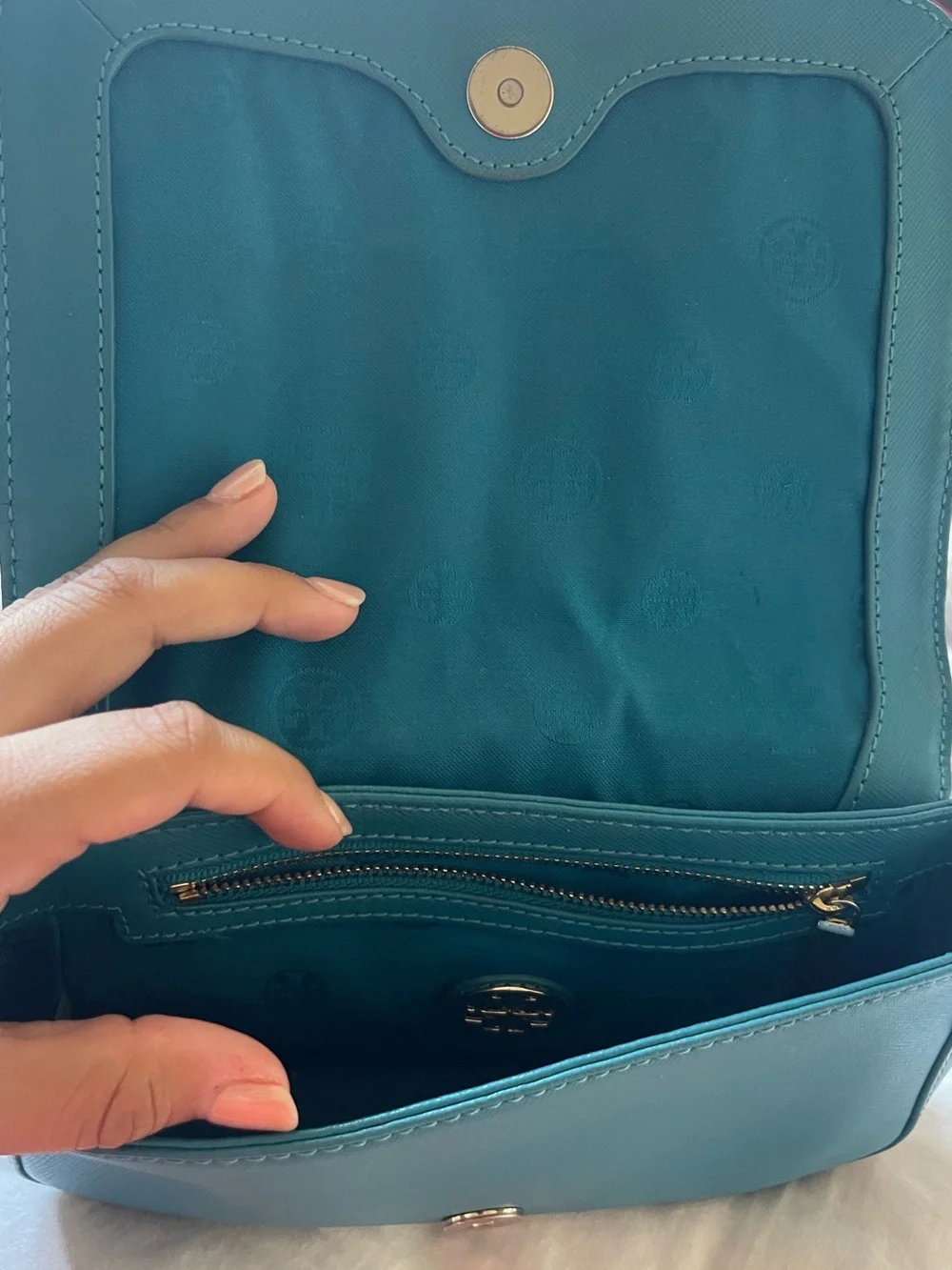 Tory Burch Turquoise Leather Crossbody with Gold Chain